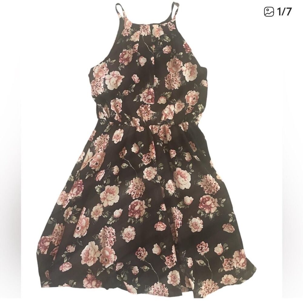 Francesca’s blue rain black and pink floral high neck dress size medium